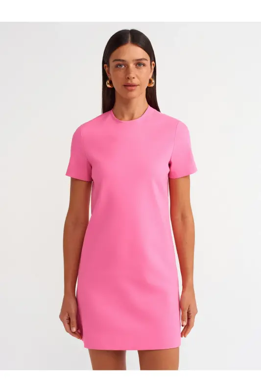 90899 Crew Neck Mini Dress-fuchsia-Fuchsia - 1