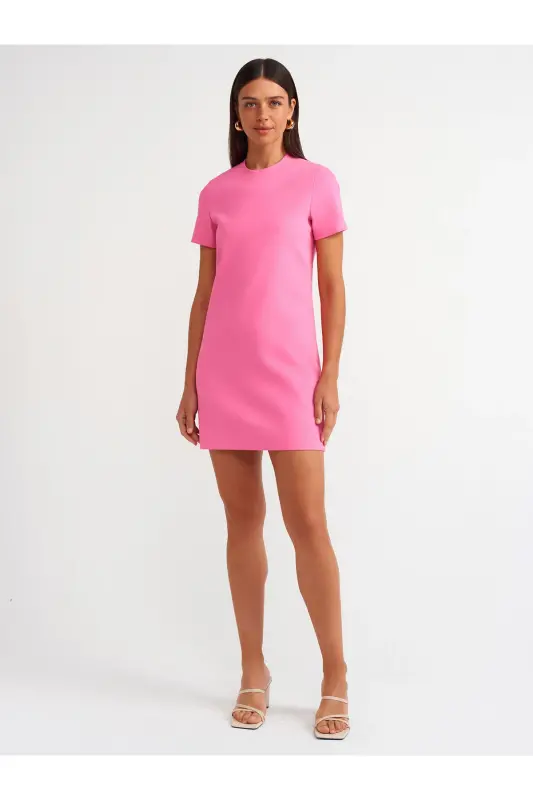 90899 Crew Neck Mini Dress-fuchsia-Fuchsia - 3
