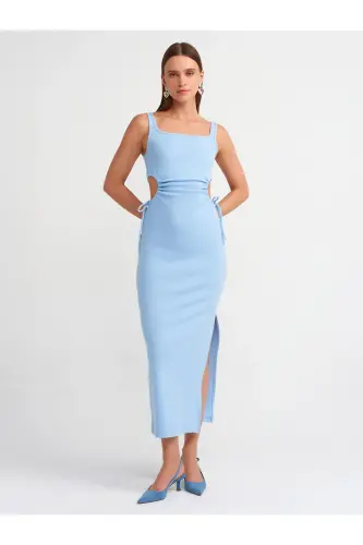 9094 Pencere Detaylı Uzun Elbise-Açık Mavi-Açık Mavi - 1