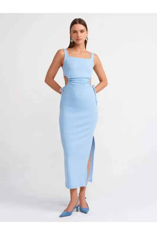 9094 Pencere Detaylı Uzun Elbise-Açık Mavi-Açık Mavi - 1