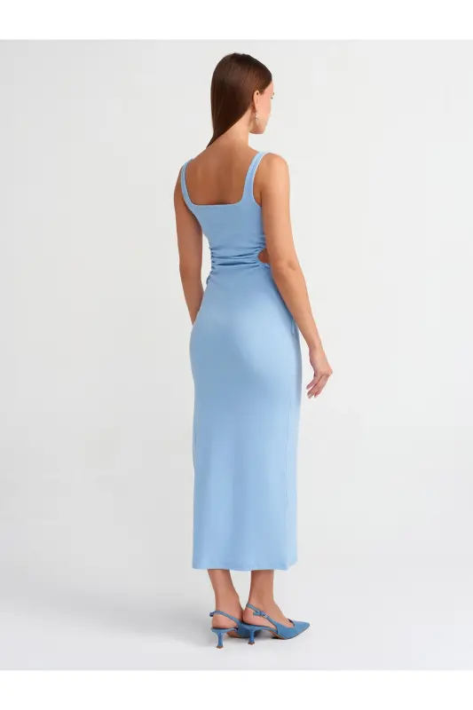 9094 Pencere Detaylı Uzun Elbise-Açık Mavi-Açık Mavi - 2