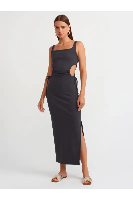 9094 Pencere Detaylı Uzun Elbise-Antrasit-Antrasit - 1