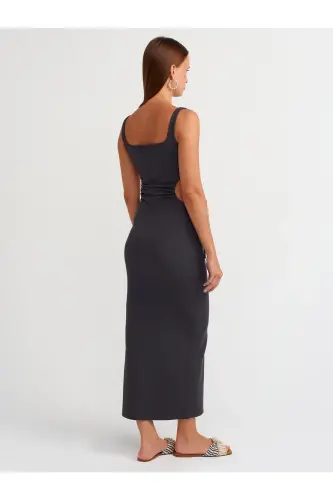 9094 Pencere Detaylı Uzun Elbise-Antrasit-Antrasit - 2