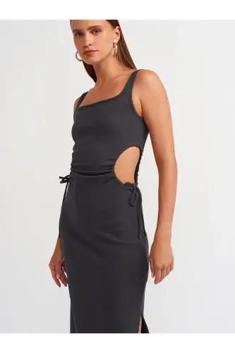 9094 Pencere Detaylı Uzun Elbise-Antrasit-Antrasit - 3