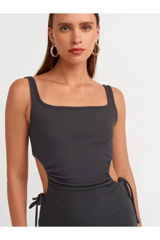 9094 Pencere Detaylı Uzun Elbise-Antrasit-Antrasit - 4