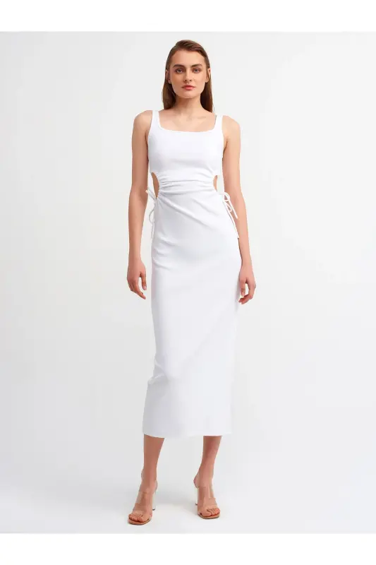 9094 Pencere Detaylı Uzun Elbise-beyaz-Beyaz - 1