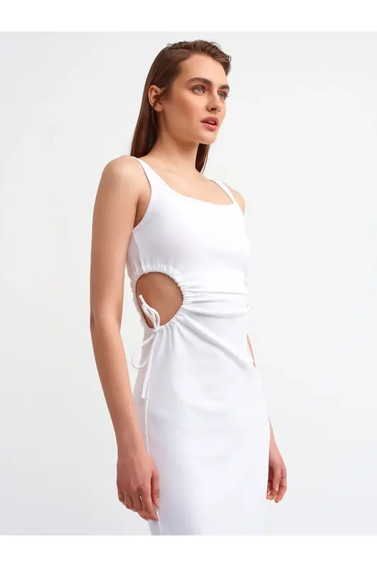 9094 Pencere Detaylı Uzun Elbise-beyaz-Beyaz - 3