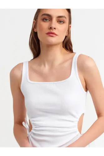 9094 Pencere Detaylı Uzun Elbise-beyaz-Beyaz - 5