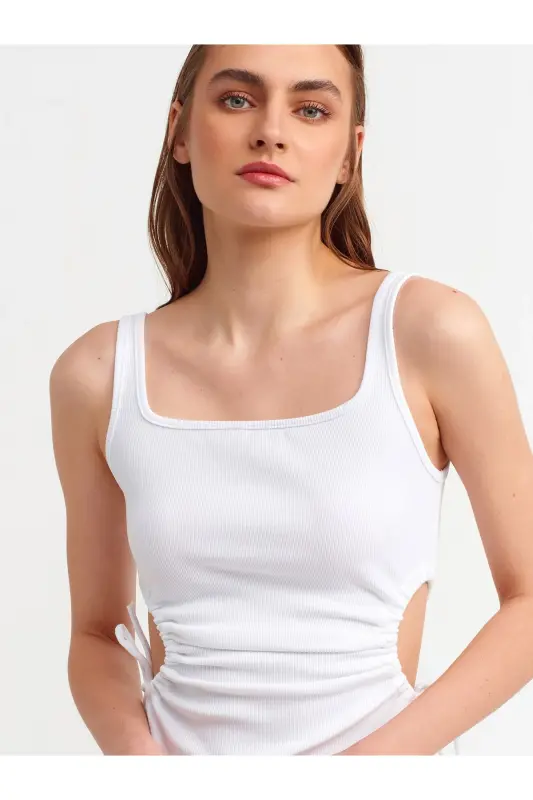 9094 Pencere Detaylı Uzun Elbise-beyaz-Beyaz - 5