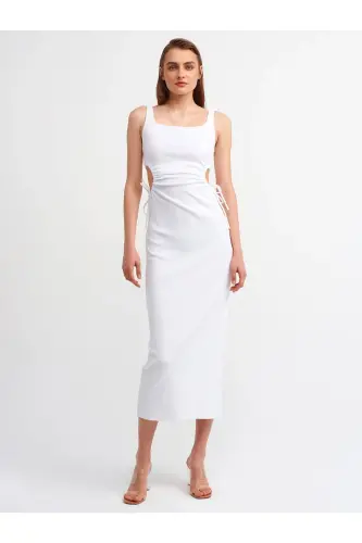 9094 Pencere Detaylı Uzun Elbise-beyaz-Beyaz - DILVIN (1)