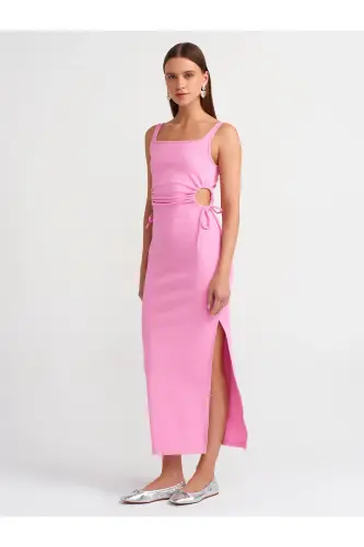 9094 Pencere Detaylı Uzun Elbise-pembe-Pembe - 1