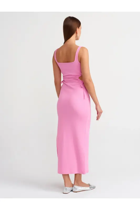 9094 Pencere Detaylı Uzun Elbise-pembe-Pembe - 2