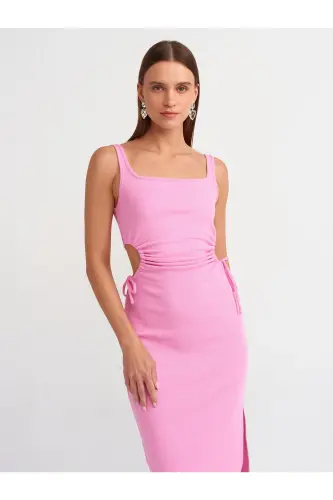 9094 Pencere Detaylı Uzun Elbise-pembe-Pembe - 3