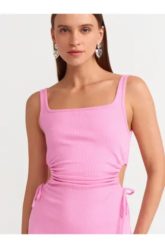 9094 Pencere Detaylı Uzun Elbise-pembe-Pembe - 4