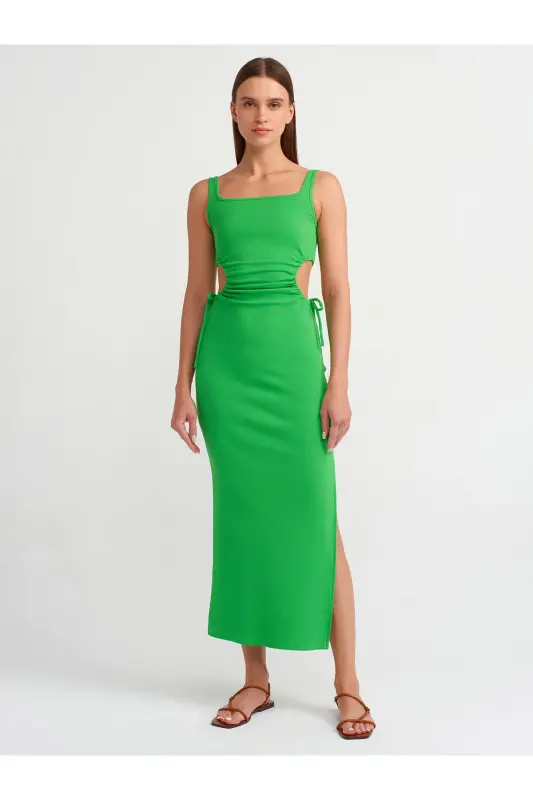 9094 Pencere Detaylı Uzun Elbise-yeşil-Yeşil - 1