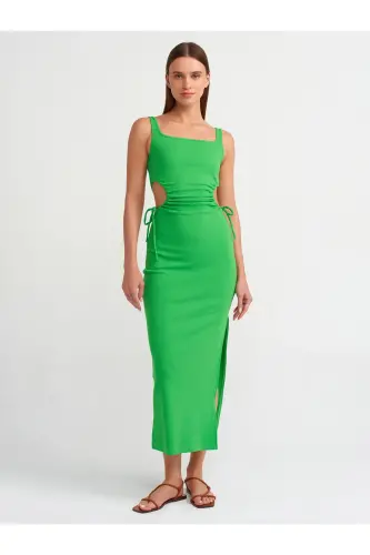 9094 Pencere Detaylı Uzun Elbise-yeşil-Yeşil - 3