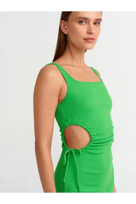 9094 Pencere Detaylı Uzun Elbise-yeşil-Yeşil - 4