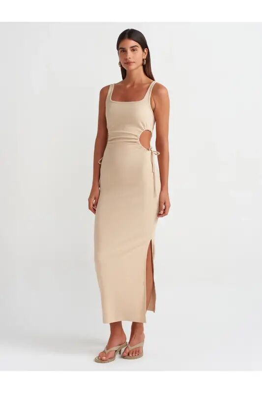 9094 Window Detailed Long Dress-Light Beige-Light Beige - 1