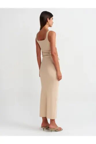 9094 Window Detailed Long Dress-Light Beige-Light Beige - 2