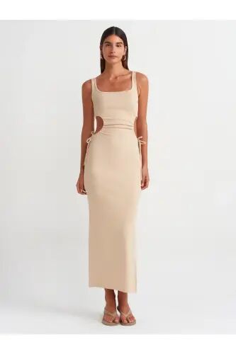9094 Window Detailed Long Dress-Light Beige-Light Beige - 3