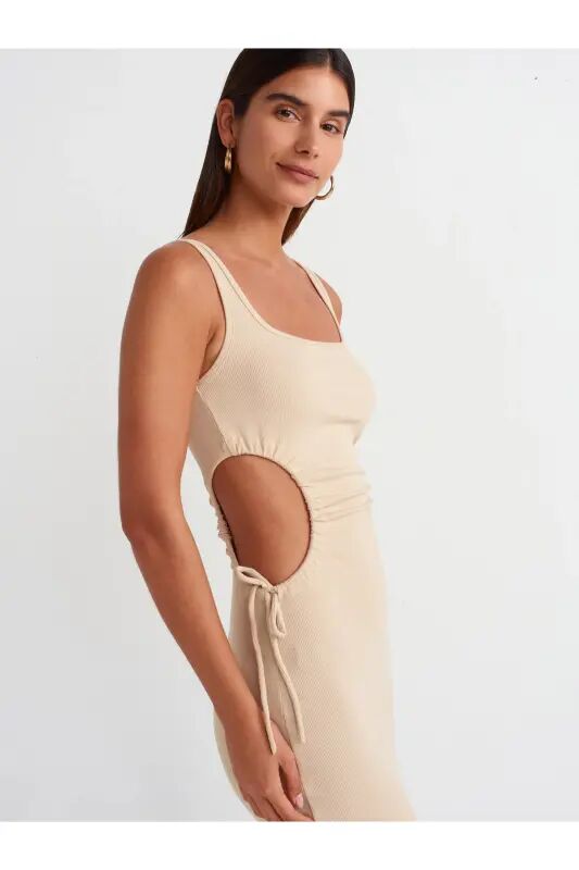 9094 Window Detailed Long Dress-Light Beige-Light Beige - 4