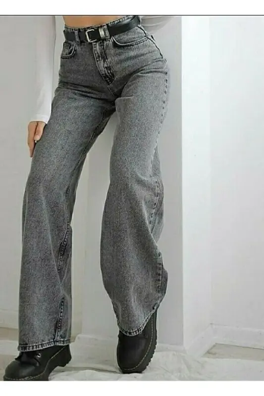 90's Kadın Füme Kar Salaş Yüksek Bel Bol Paça Palazzo Jeans-VİZON - 1