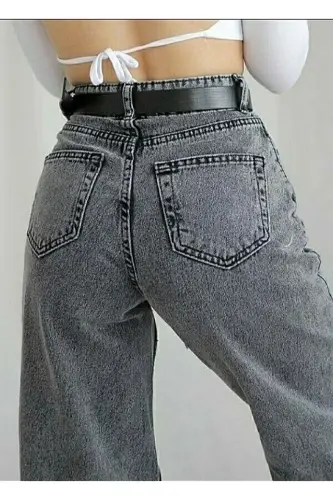 90's Kadın Füme Kar Salaş Yüksek Bel Bol Paça Palazzo Jeans-VİZON - 3