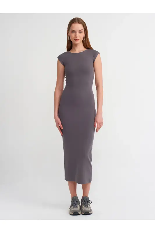 91097 Vücuda Oturan Elbise-Füme-Füme - DILVIN