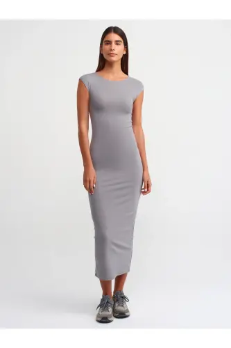 91097 Vücuda Oturan Elbise-Gri-Gri 