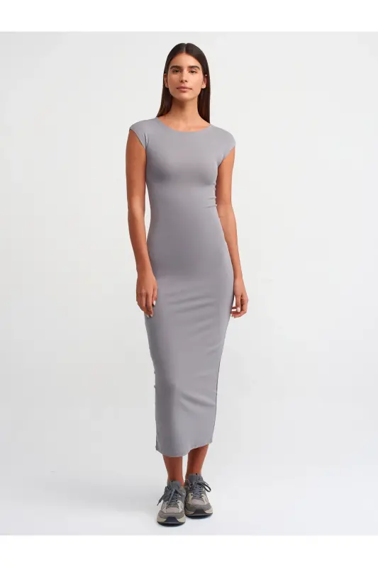 91097 Vücuda Oturan Elbise-Gri-Gri - DILVIN