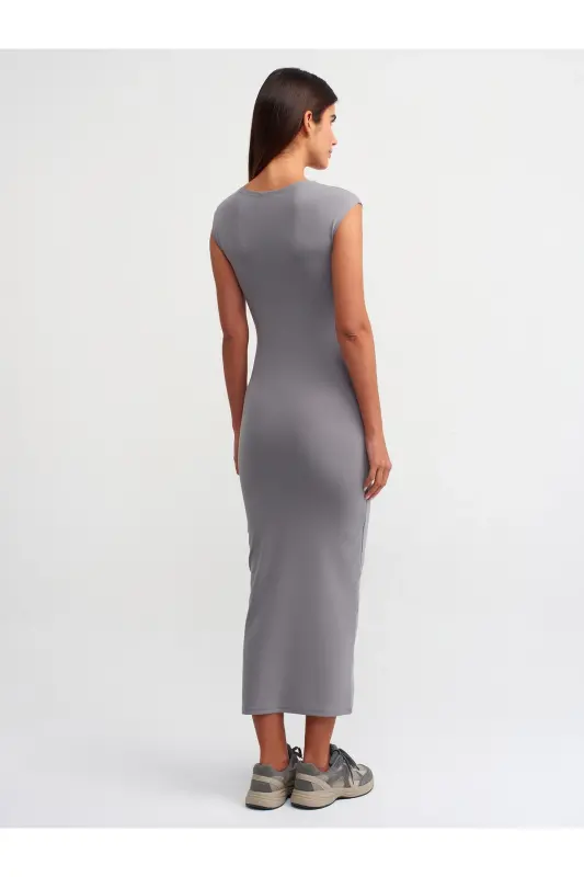 91097 Vücuda Oturan Elbise-Gri-Gri - 2