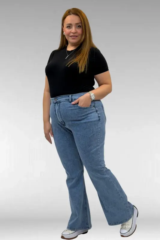 9110-11 Büyük Beden İspanyol Paça Kot Pantolon - Buz Mavi - 1