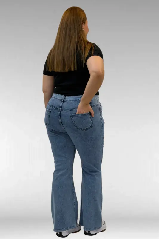 9110-11 Büyük Beden İspanyol Paça Kot Pantolon - Buz Mavi - 3