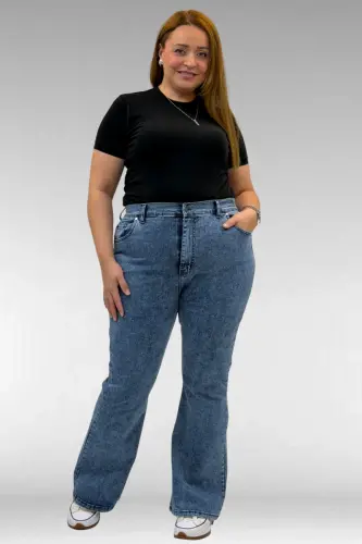 9110-11 Büyük Beden İspanyol Paça Kot Pantolon - Mavi - 1