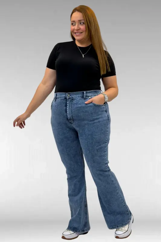 9110-11 Büyük Beden İspanyol Paça Kot Pantolon - Mavi - 3