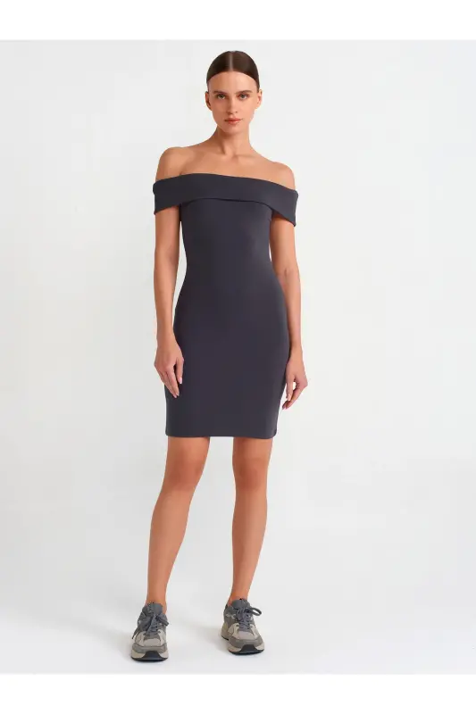 91102 Off-Shoulder Mini Dress-Anthracite-Anthracite - 3
