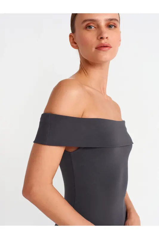 91102 Off-Shoulder Mini Dress-Anthracite-Anthracite - 4