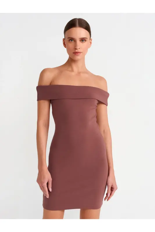 91102 Off-Shoulder Mini Dress-Coffee-Coffee - 3
