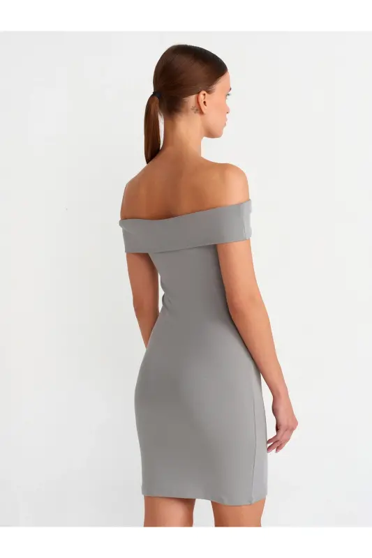 91102 Off-Shoulder Mini Dress-grey-Gray - 2