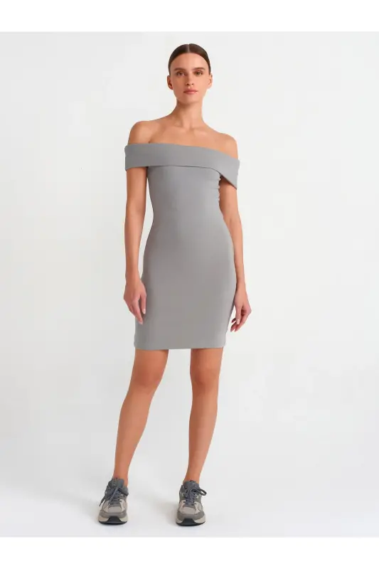91102 Off-Shoulder Mini Dress-grey-Gray - 3