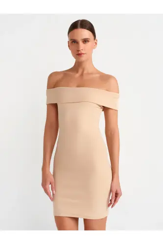 91102 Off-Shoulder Mini Dress-Light Beige-Light Beige 