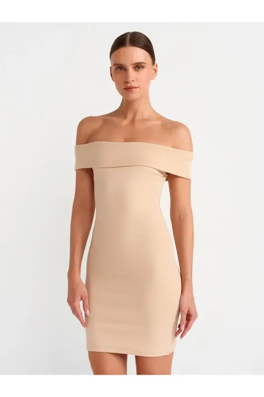 91102 Off-Shoulder Mini Dress-Light Beige-Light Beige - 1
