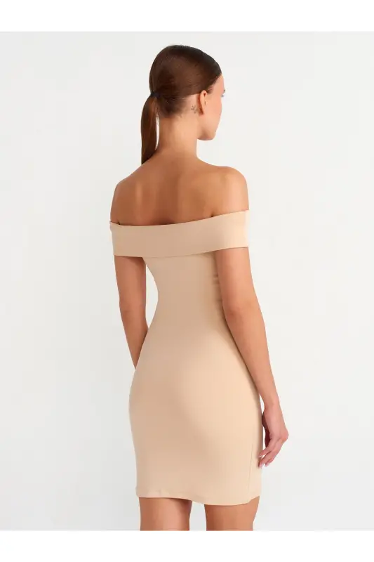 91102 Off-Shoulder Mini Dress-Light Beige-Light Beige - 2