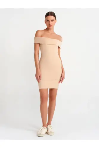 91102 Off-Shoulder Mini Dress-Light Beige-Light Beige - 3