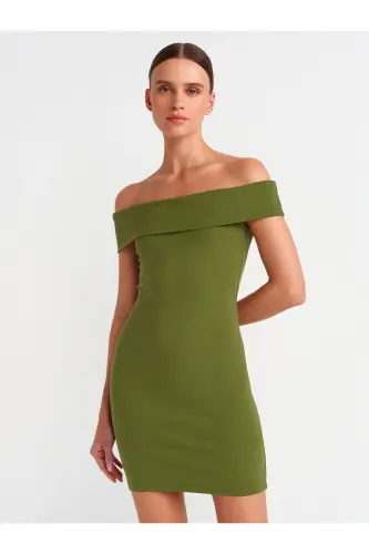 91102 Omuzları Açık Mini Elbise-Haki-Haki - 1