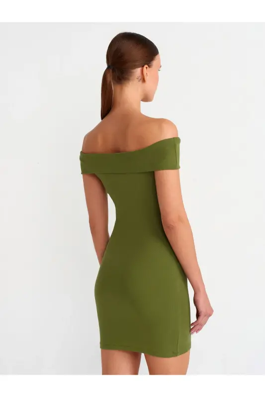 91102 Omuzları Açık Mini Elbise-Haki-Haki - 2