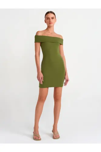 91102 Omuzları Açık Mini Elbise-Haki-Haki - 3