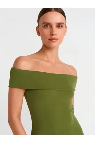 91102 Omuzları Açık Mini Elbise-Haki-Haki - 4