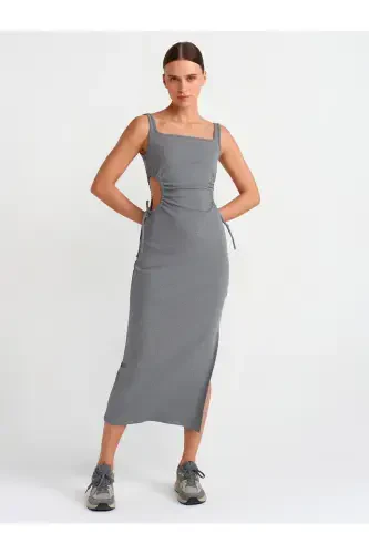 91106 Window Detailed Long Dress-Anthracite-Anthracite - 1