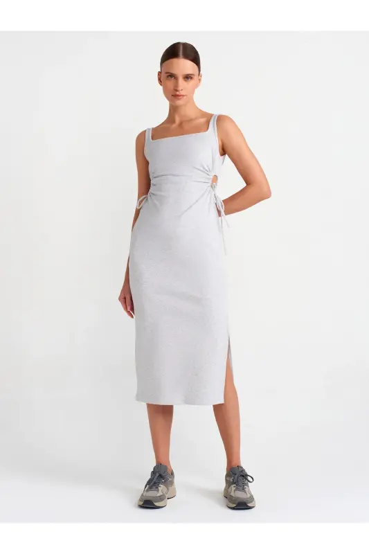 91106 Window Detailed Long Dress-Gray Melange-Gray Melange - DILVIN